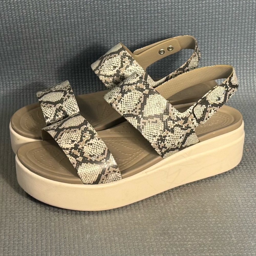Crocs Stomp Platform Snake-Print Sandals - Beige Sz 8